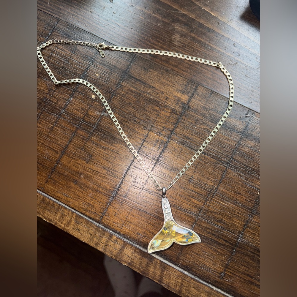 Mermaid Tail Pendant Necklace with Gold Tone Chain & Floating Glitter Detail